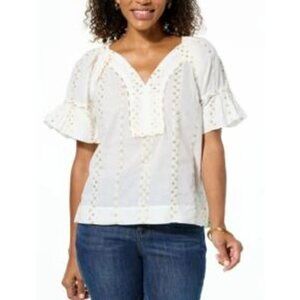 Democracy Womens Embroidered White gold Sequin Peasant Blouse L Cotton Boho Top